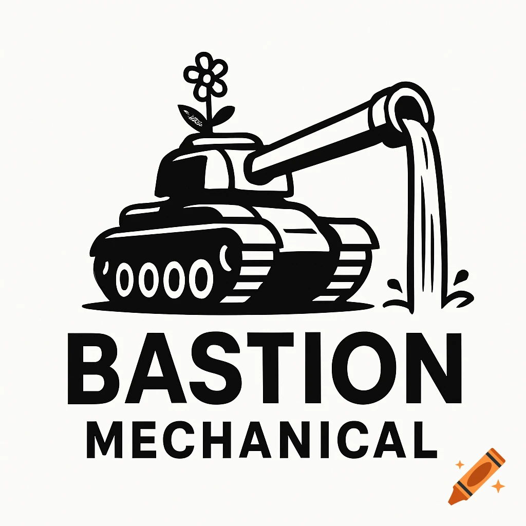 Black and white vector logo of a cartoon tank with a flower, water flowing from its barrel, and 'Bastion Mechanical' text.