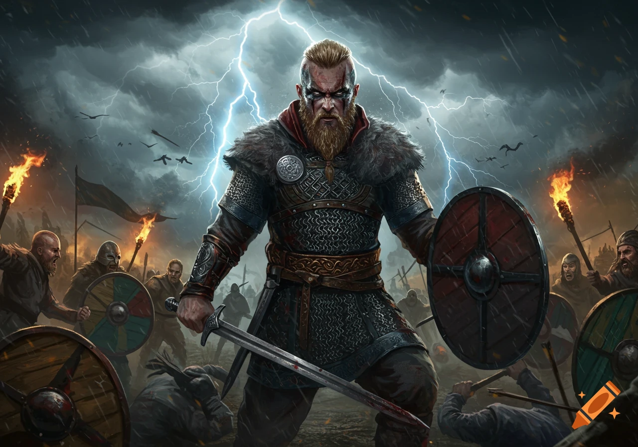 A fierce Viking warrior in chainmail and fur armor holds a sword and shield amidst a stormy battle with lightning and other warriors.