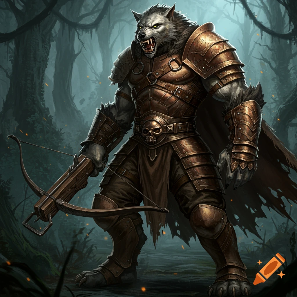A fierce, muscular werewolf in detailed brown leather armor, holding a heavy crossbow, stands in a dark, misty forest.