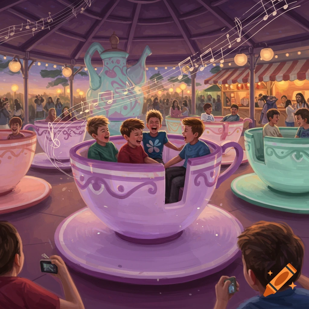 Illustrative scene of four boys laughing and spinning in purple and green teacups at an amusement park, with a large teapot and other park-goers in the background.