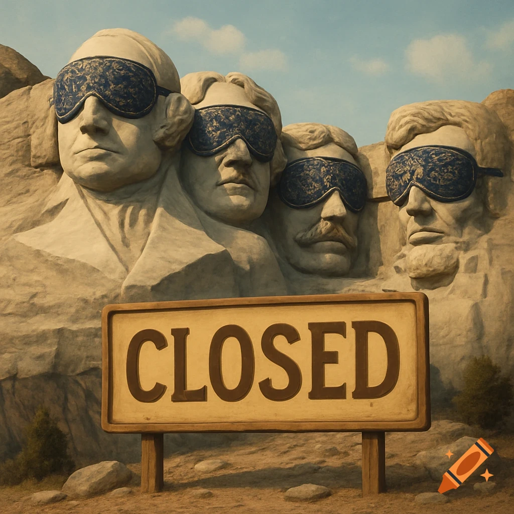 Mount Rushmore presidents wearing blue sleeping masks, with a 'CLOSED' sign in the foreground, under a blue sky.