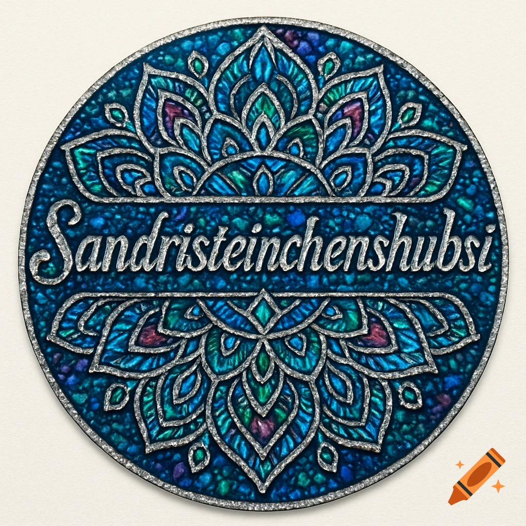 Round diamond painting logo with intricate blue, green, and purple mandala pattern, featuring 'Sandristeinchenschubsi' text.
