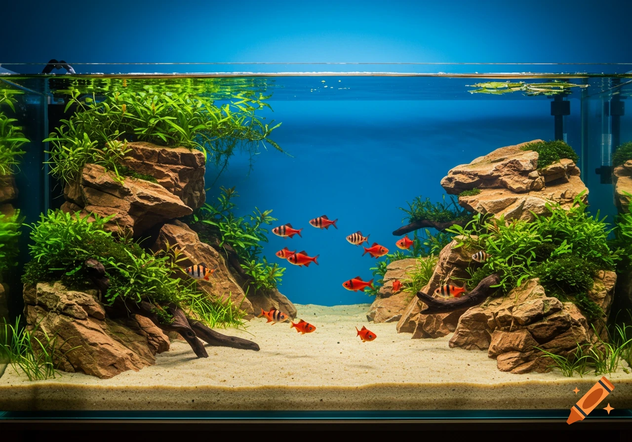 A vibrant aquascape featuring a freshwater tank with blue water, green plants on rocks, and schools of orange and striped fish swimming over sand.