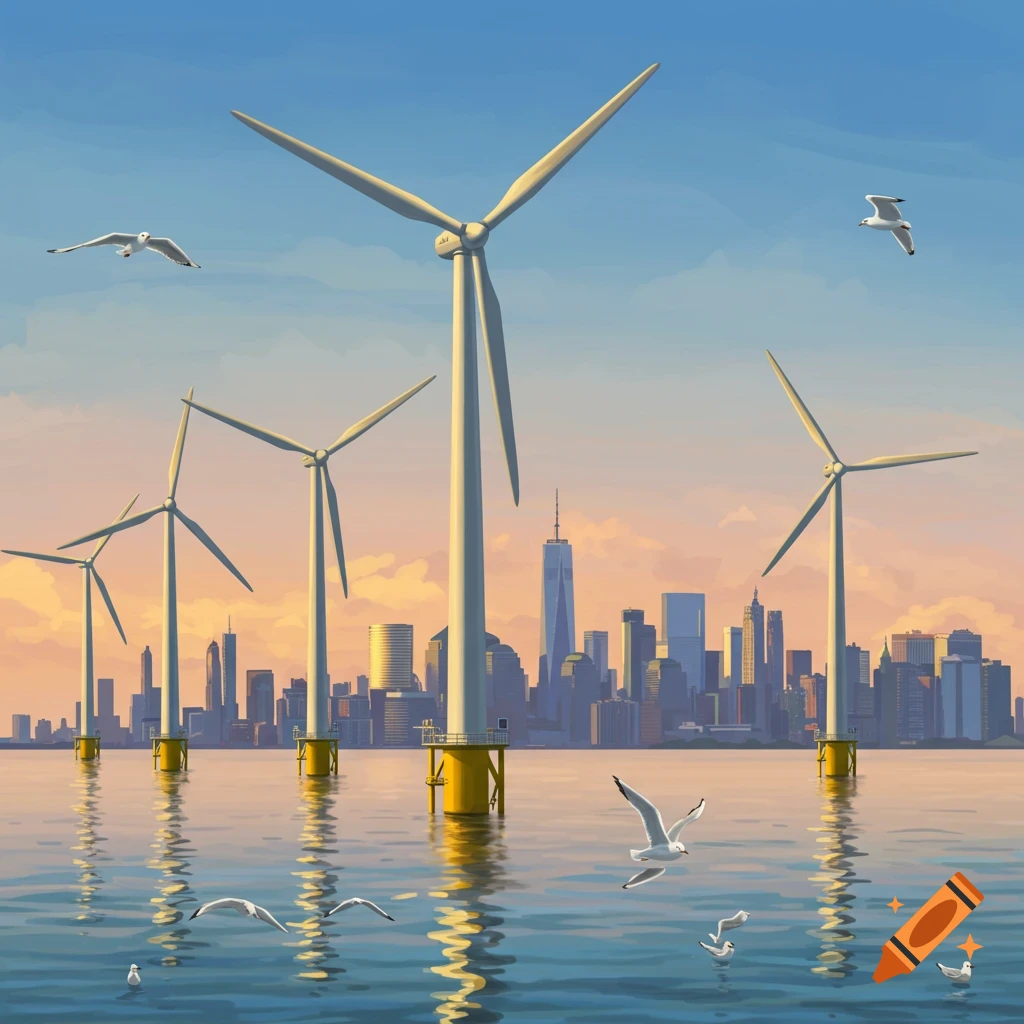 Stylized illustration of offshore wind turbines in a body of water with a city skyline and seagulls in the background at sunset.