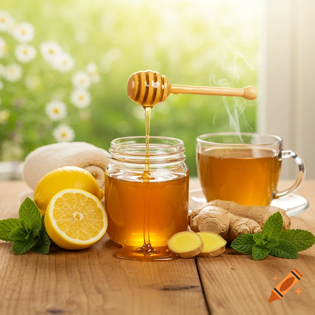 A jar of honey with a dipper, sliced lemon, ginger, mint, and a steaming cup of tea on a wooden table, photorealistic.