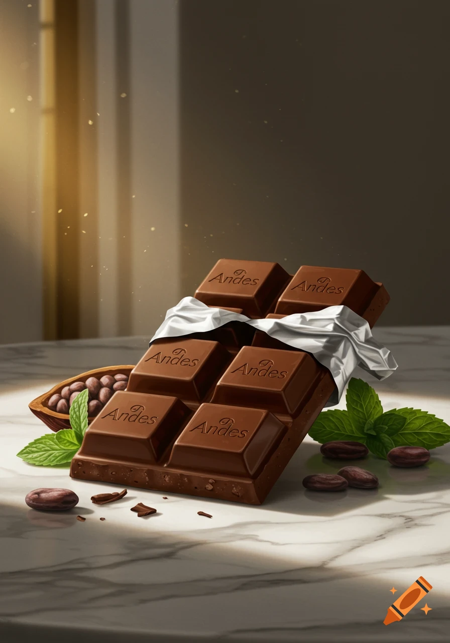 A partially unwrapped Andes chocolate bar with cocoa beans and mint leaves on a marble surface, bathed in soft light.