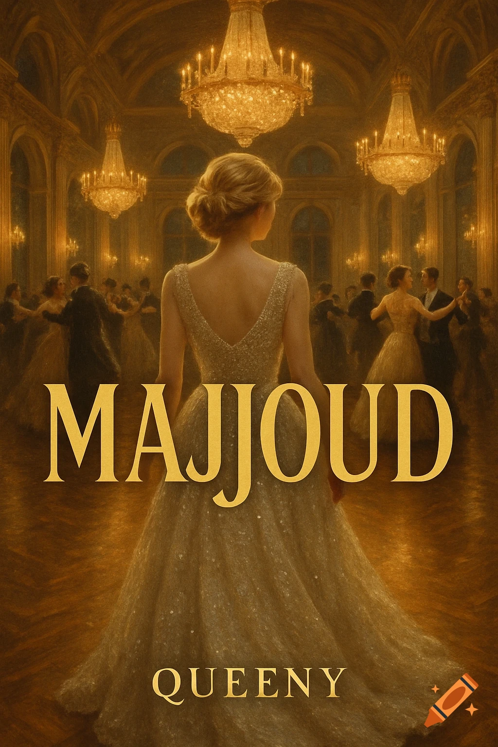 A young blonde woman in an elegant, sparkling dress, seen from behind, stands in a grand ballroom with dancers and chandeliers. Text reads 'MAJJOUD' and 'QUEENY'.