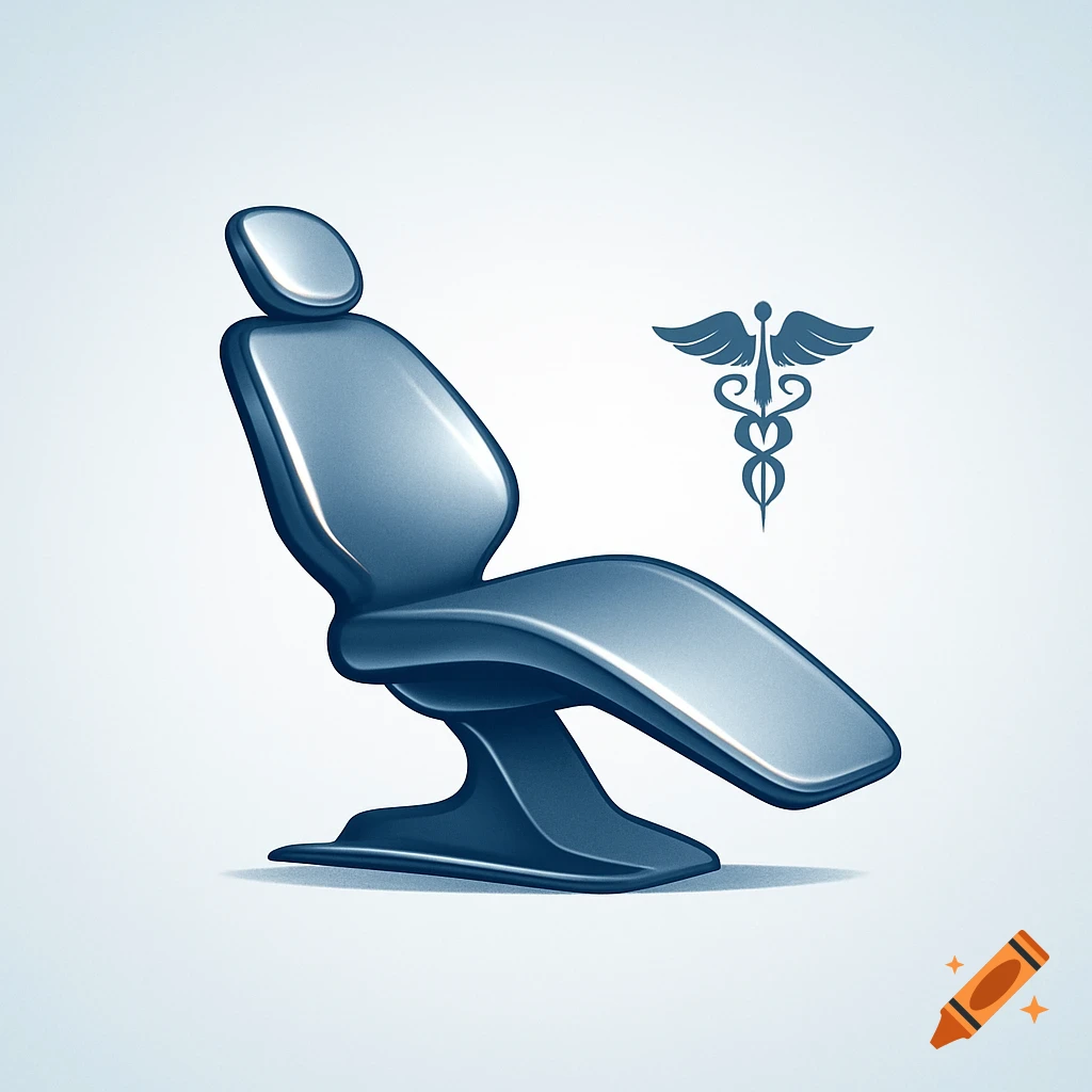 A stylized blue dental chair with a metallic sheen, next to a blue medical caduceus symbol on a light background.