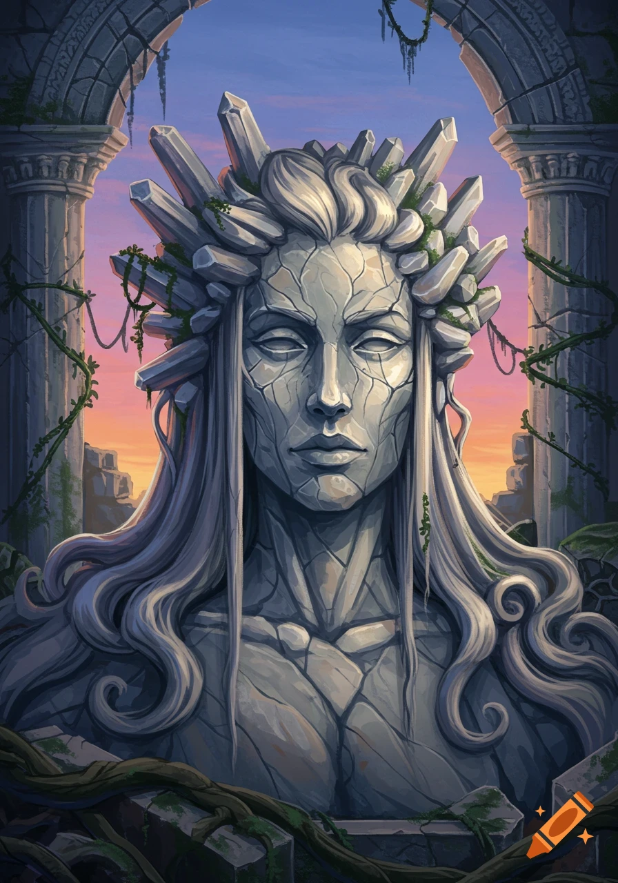A majestic stone bust of a woman with flowing stone hair and crystal crown, set amidst ancient ruins against a sunset sky.