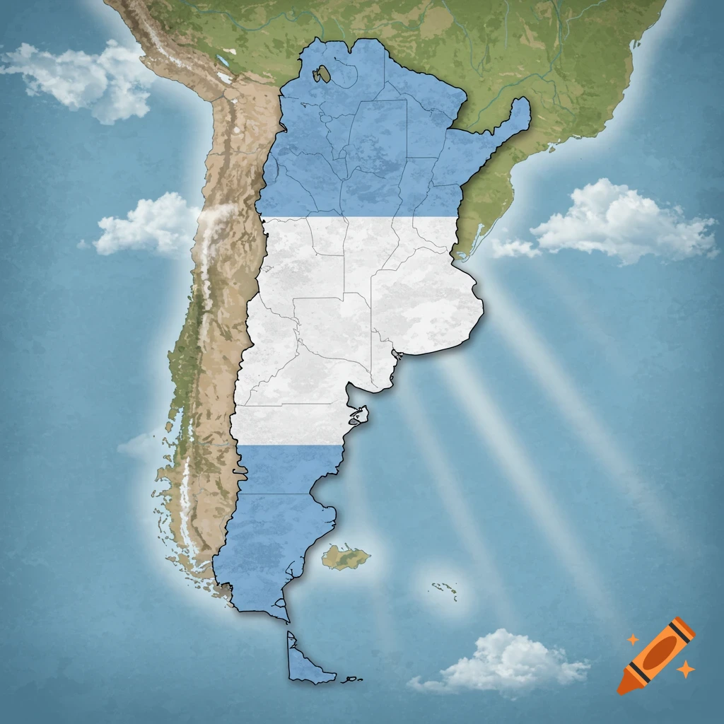 A map of Argentina with its light blue and white flag colors, set against a topographical map of South America under a cloudy sky.