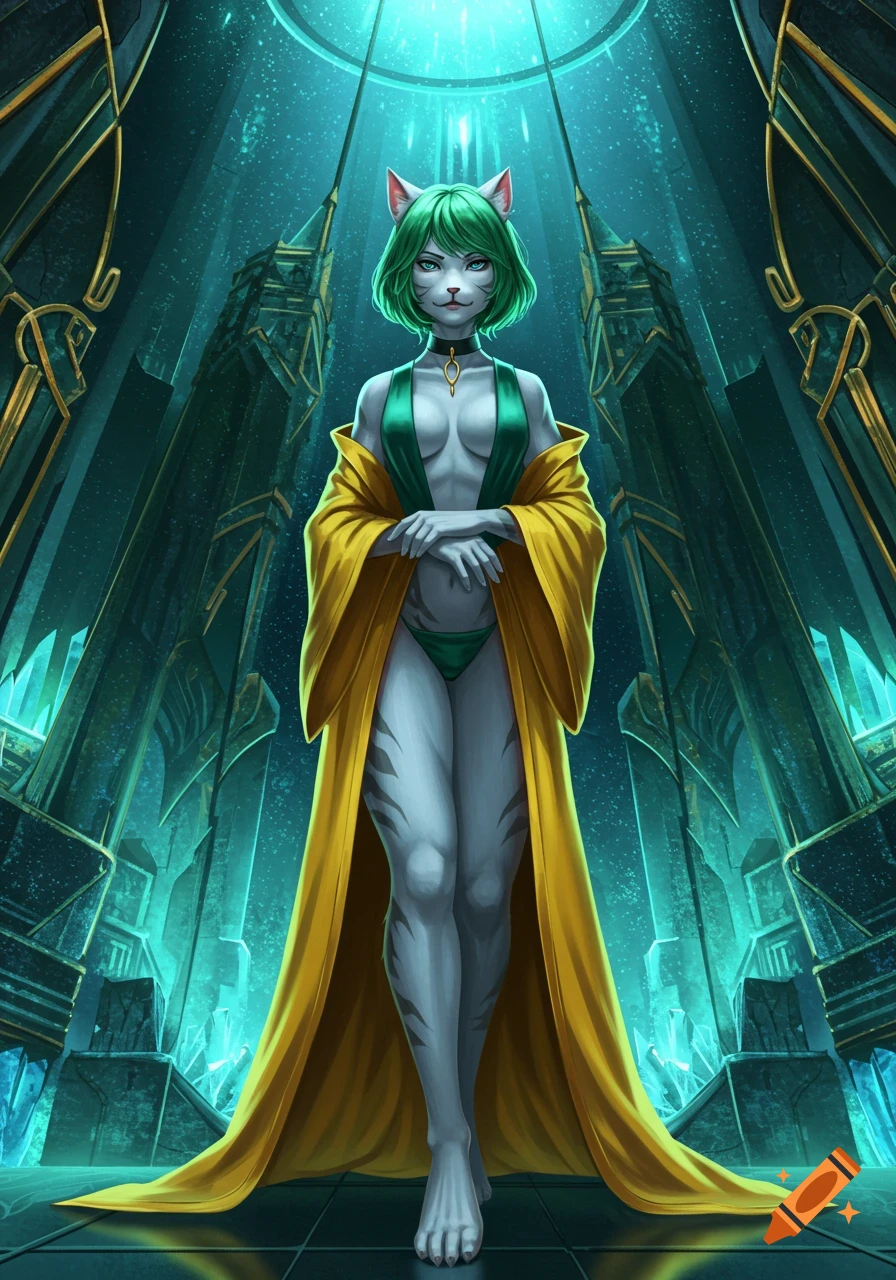 A frowning anime catgirl with green hair, white fur, and stripes, wearing a green bikini and golden robe, stands in a futuristic temple.