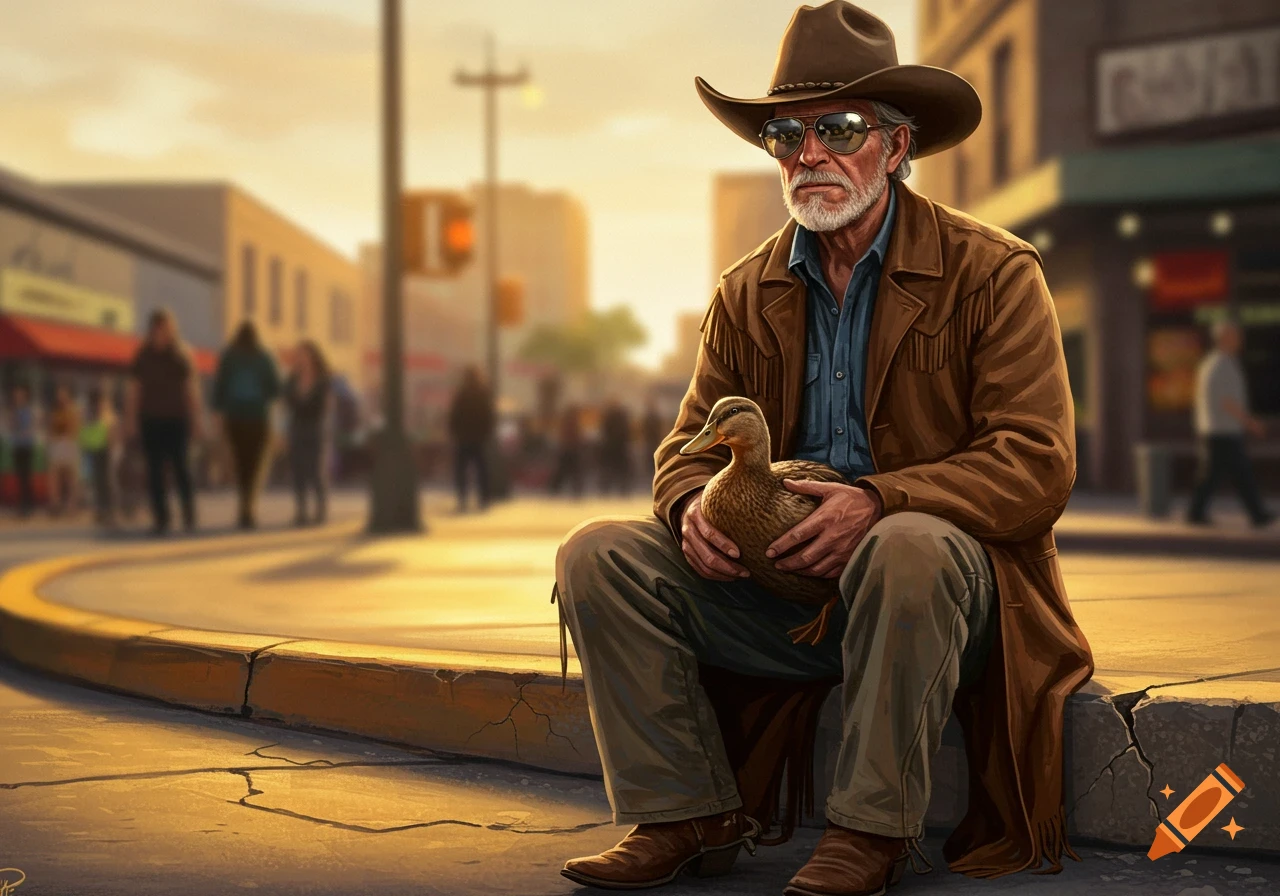 A cowboy-dressed older man in sunglasses sits on a curb, holding a brown duck, with a blurred city street in the background.