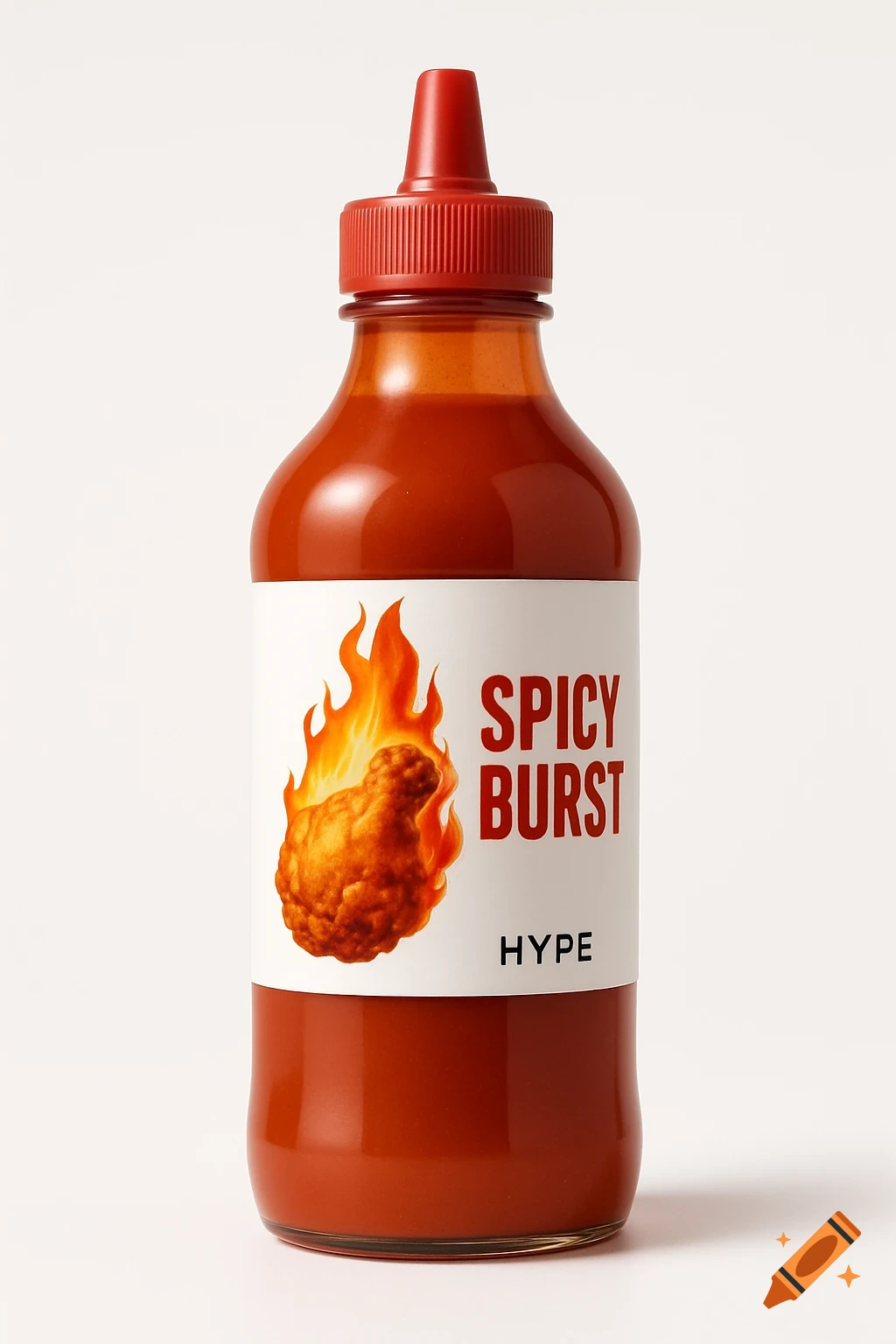 A reddish hot sauce bottle with a white label featuring a fried chicken on fire and the text 'SPICY BURST' and 'HYPE' on a white background.