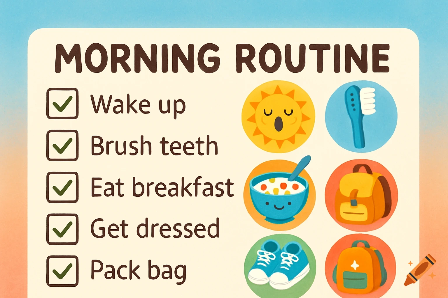 A cartoon checklist showing a child's morning routine with pictograms ...