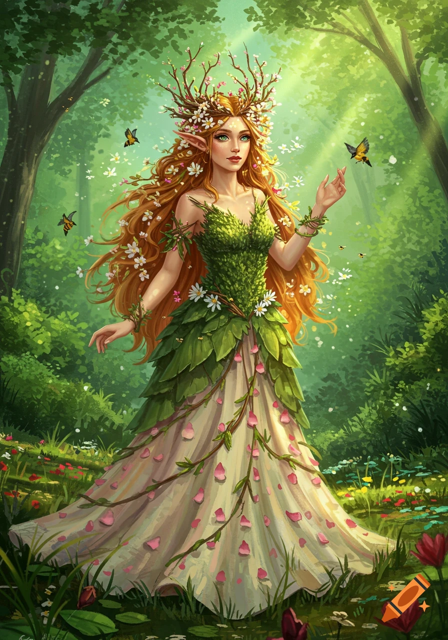 A beautiful, long-haired fairy with a leafy dress and flower crown stands in a vibrant, sunlit fantasy forest with butterflies.