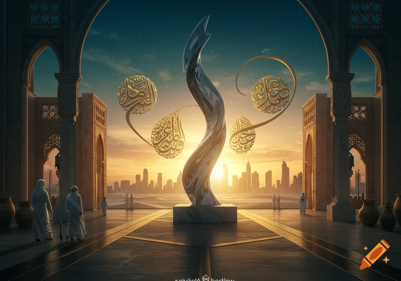 A conceptual art piece featuring a metallic sculpture with floating golden Arabic calligraphy spheres, framed by grand archways, overlooking a city skyline at sunset. Figures in traditional attire walk on a tiled plaza.