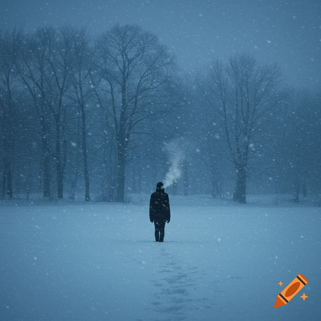 A lone figure in a dark coat stands in a snowy field with bare trees, their breath visible in the cold, misty air. Muted blue, painterly realism.