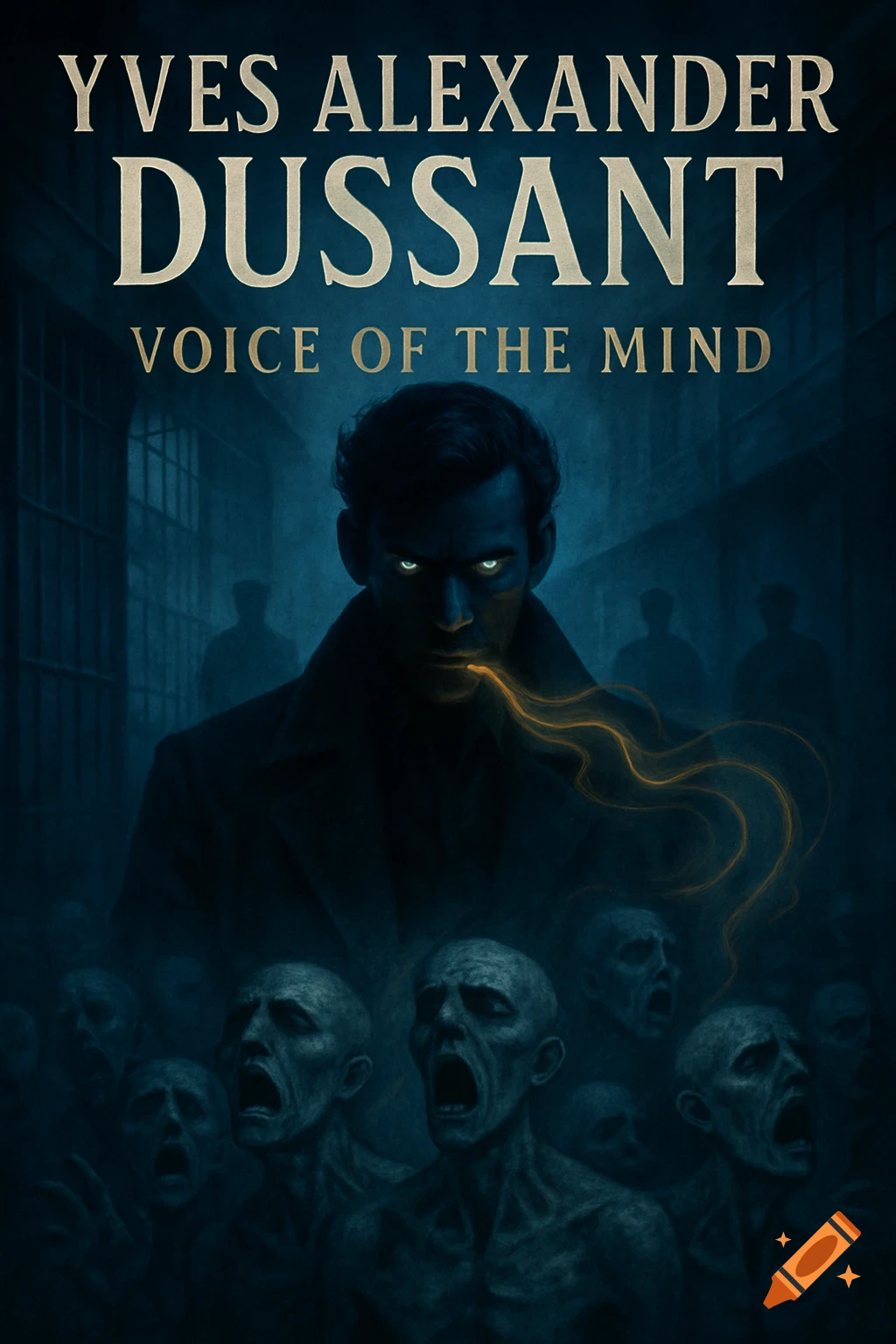 A dark, stylized novel cover featuring a man with glowing eyes and tendrils of energy coming from his mouth, surrounded by distorted, screaming faces below him.