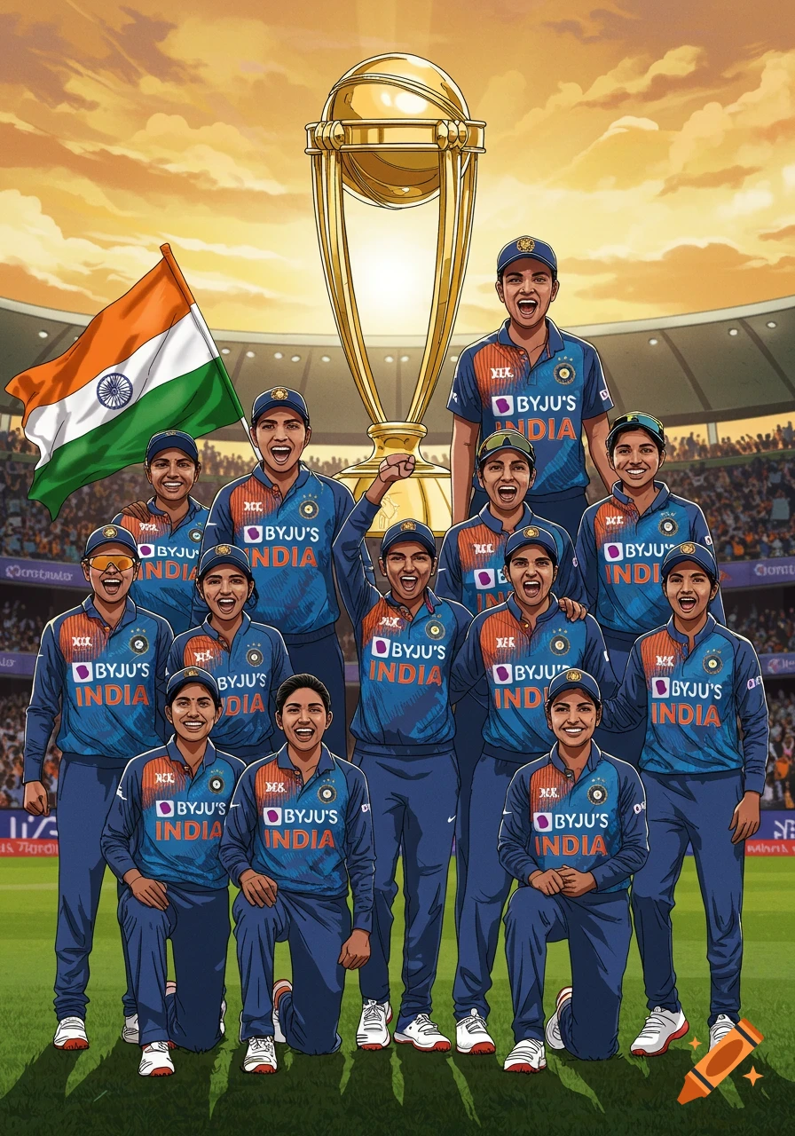 Illustrated Indian female cricket team celebrates with a world cup trophy and the Indian flag in a stadium.