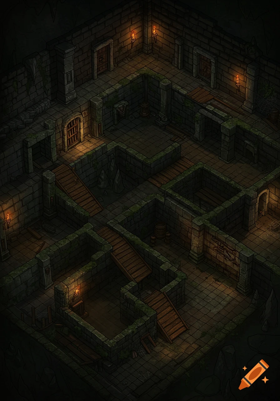 A dark, isometric, top-down dungeon map in a rustic, hand-drawn style with stone walls, stairs, barred gates, and torches providing light.