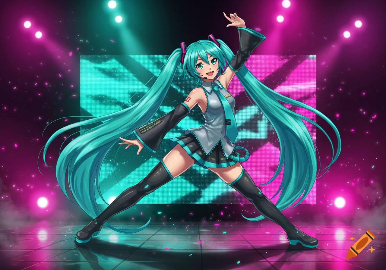 Hatsune Miku performing a split on a stage with vibrant pink and cyan lights, anime style.