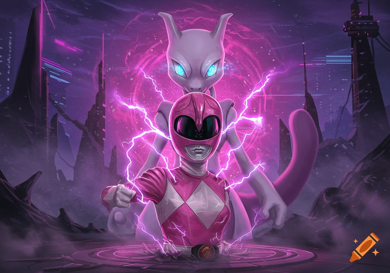 Pink Power Ranger with Mewtwo behind her, surrounded by purple lightning in a neon-lit futuristic city, digital art.