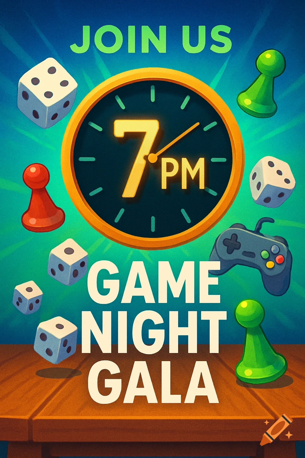 A colorful illustration of a game night flyer with dice, board game pawns, a controller, and text "JOIN US 7 PM GAME NIGHT GALA" on a wooden table.