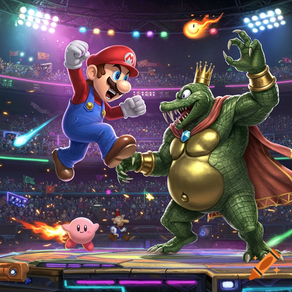 Mario in mid-air about to punch King K. Rool on a futuristic stadium stage with Kirby nearby, in a vibrant Super Smash Bros style.