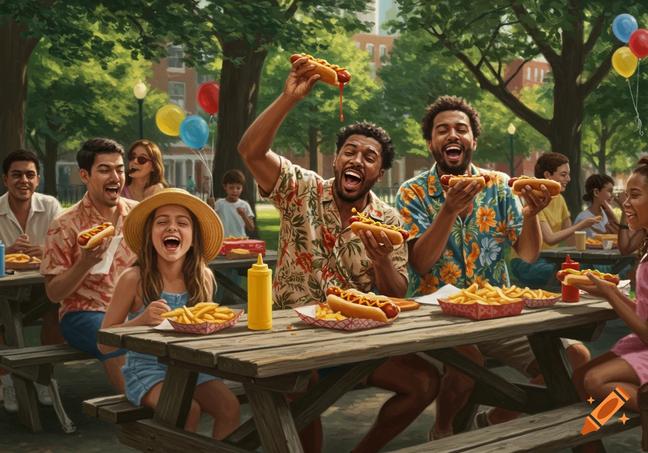 A diverse group of people happily eating hot dogs and fries at a sunny park picnic in a painted style.