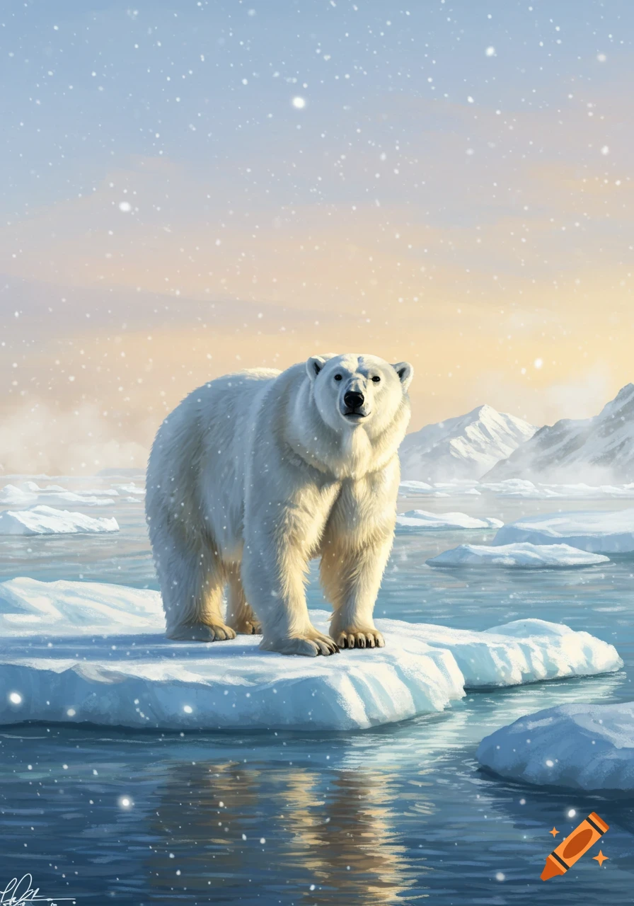 A majestic polar bear stands on a small iceberg in a snowy arctic sea under a soft, golden sky.