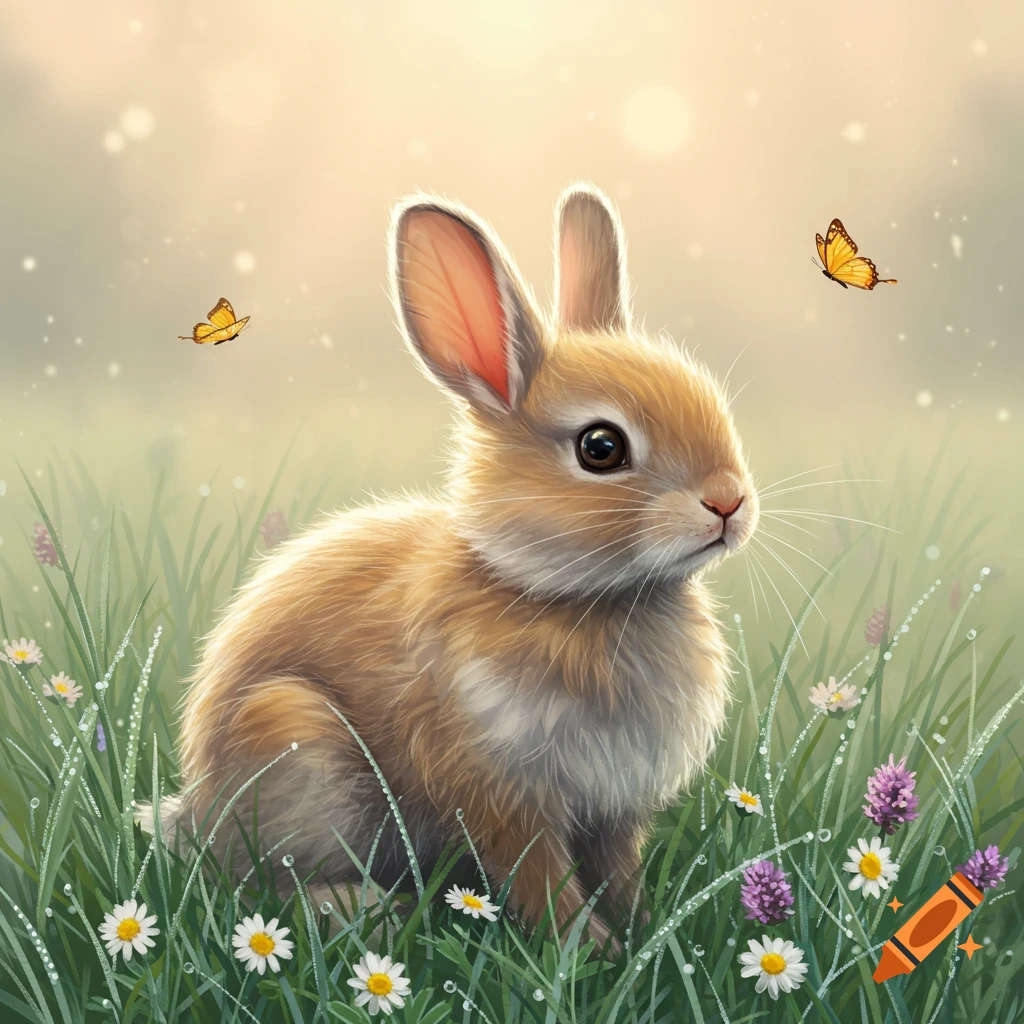 A fluffy brown rabbit sits in dewy green grass with white and purple ...