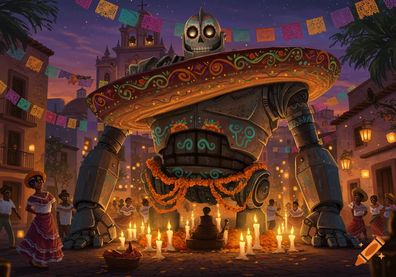 A Day of the Dead themed robot wearing a large sombrero, adorned with marigolds and skull-like face paint, stands in a festive village square at dusk, surrounded by candles and celebrants.