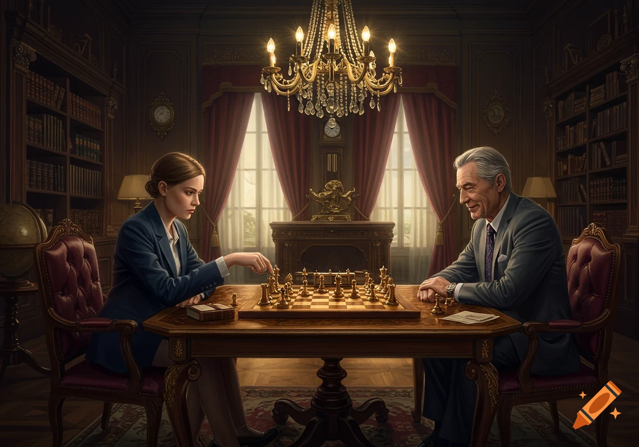 A man and a woman playing chess at a wooden table in an opulent study with a chandelier.