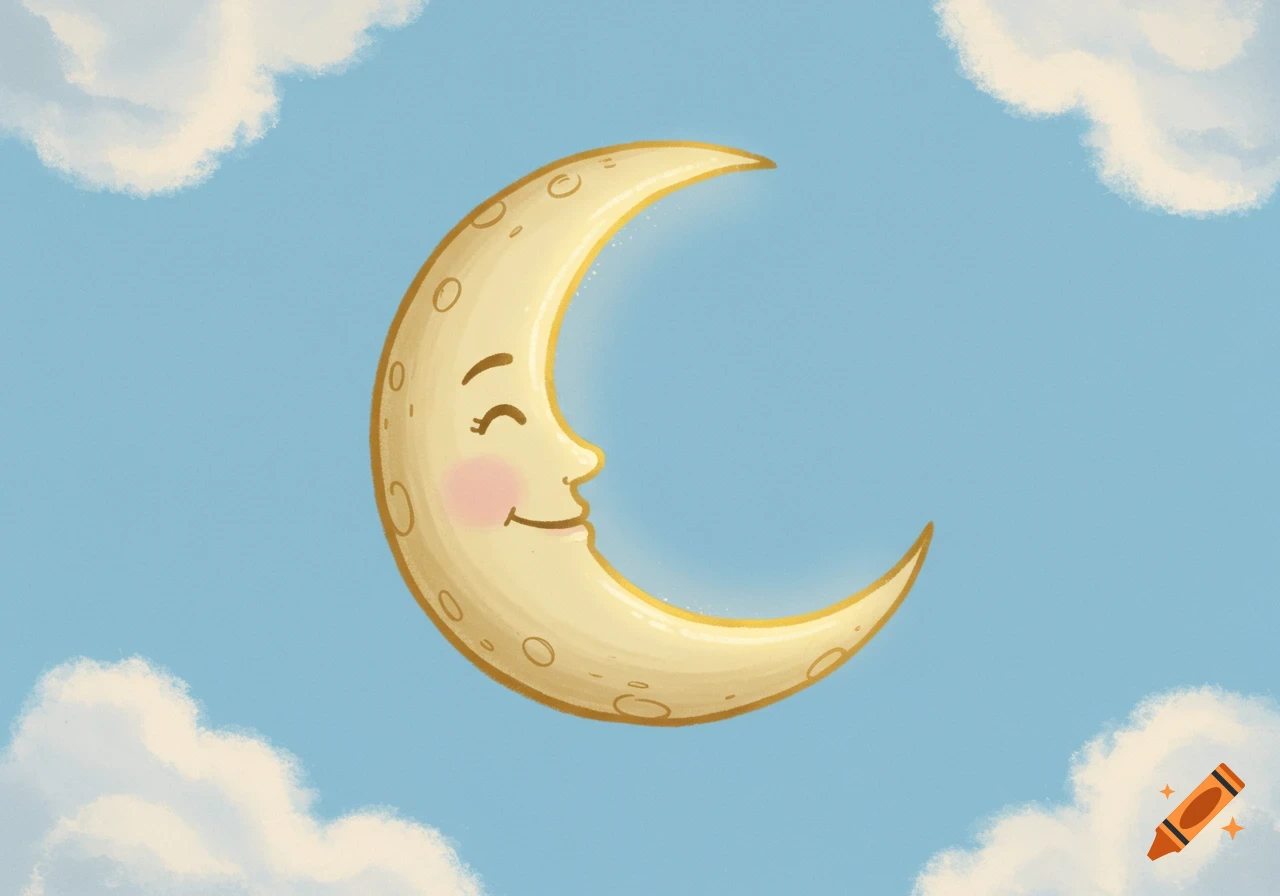 A smiling cartoon crescent moon with a face and pink cheeks against a light blue sky with white clouds.