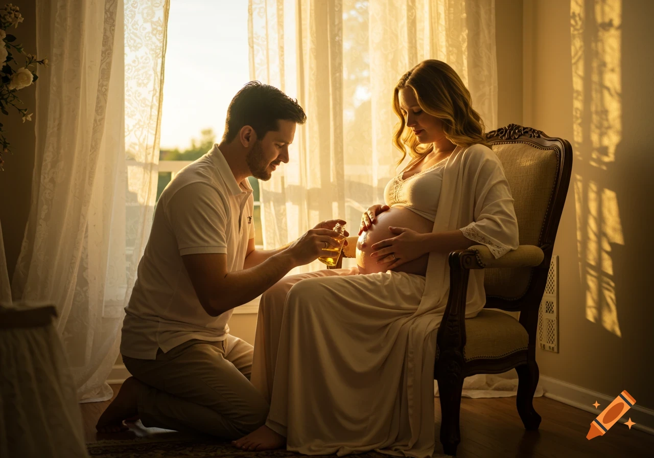 A man kneels and rubs oil on a pregnant woman's belly as she sits in a chair, bathed in warm window light.