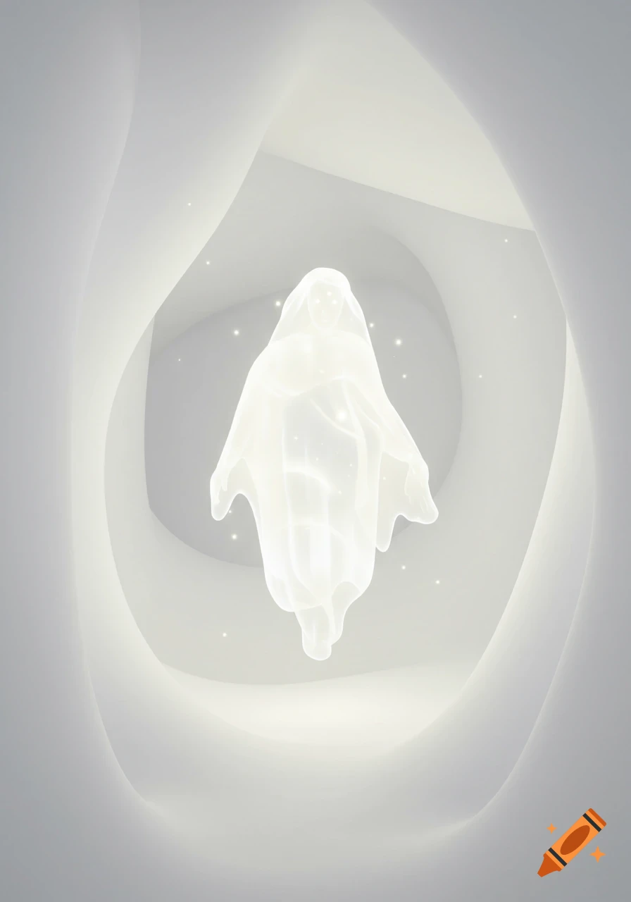 A glowing, translucent ghost-like figure floats in a bright, white ...