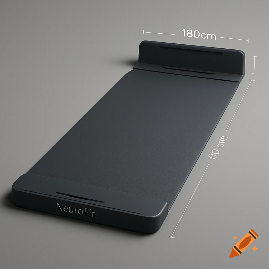 A sleek, dark gray smart yoga mat with an integrated platform, displaying 'NeuroFit' and dimensions '180cm' and '00 om' for '60cm'.