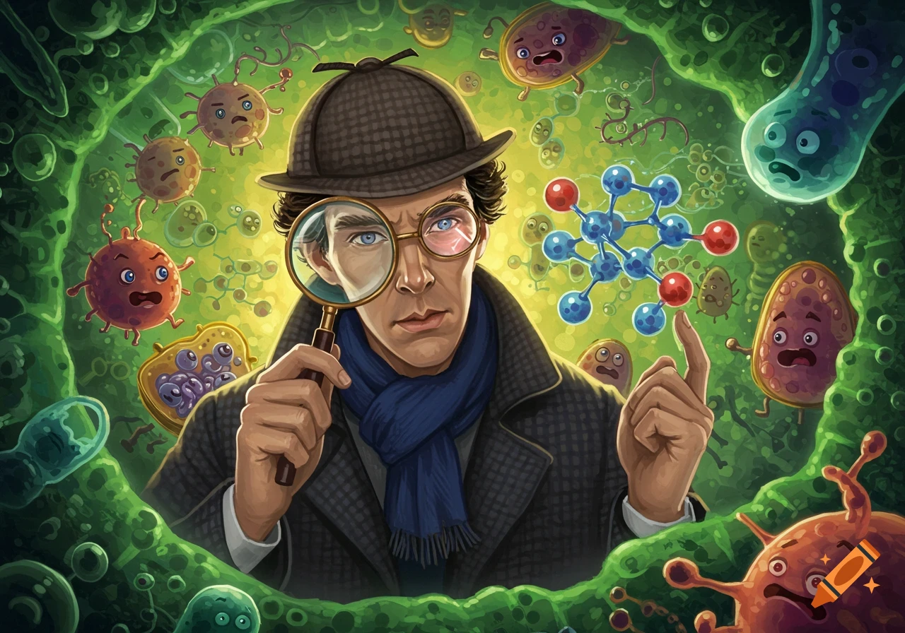 A cartoon Sherlock Holmes, wearing a deerstalker and trench coat, holds a magnifying glass to his eye, investigating a molecular structure. He is surrounded by large, animated, frightened microbes and cells in a vibrant green microscopic environment.