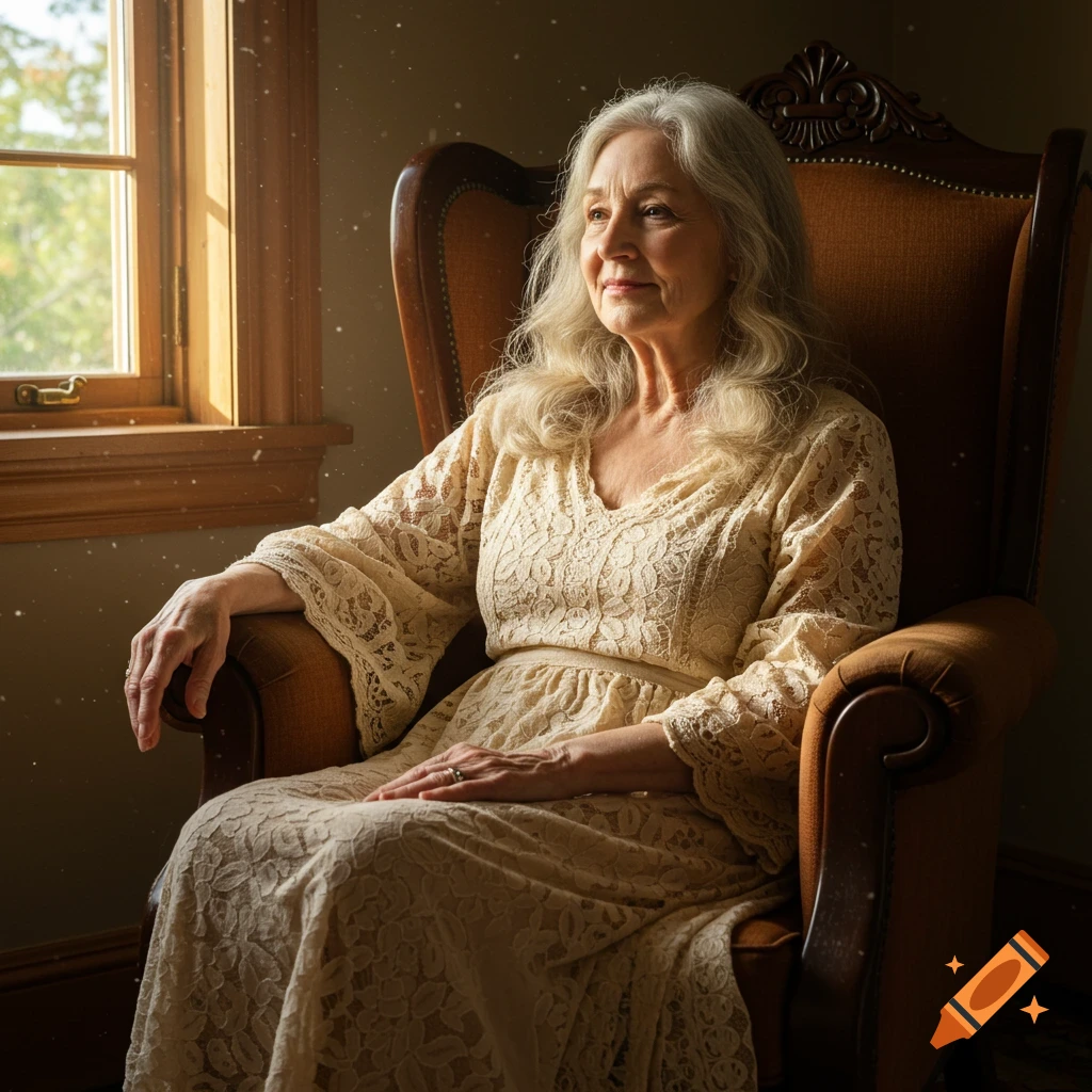 Photorealistic portrait of an elderly woman with gray hair in a lace dress, sitting in an armchair by a sunlit window.