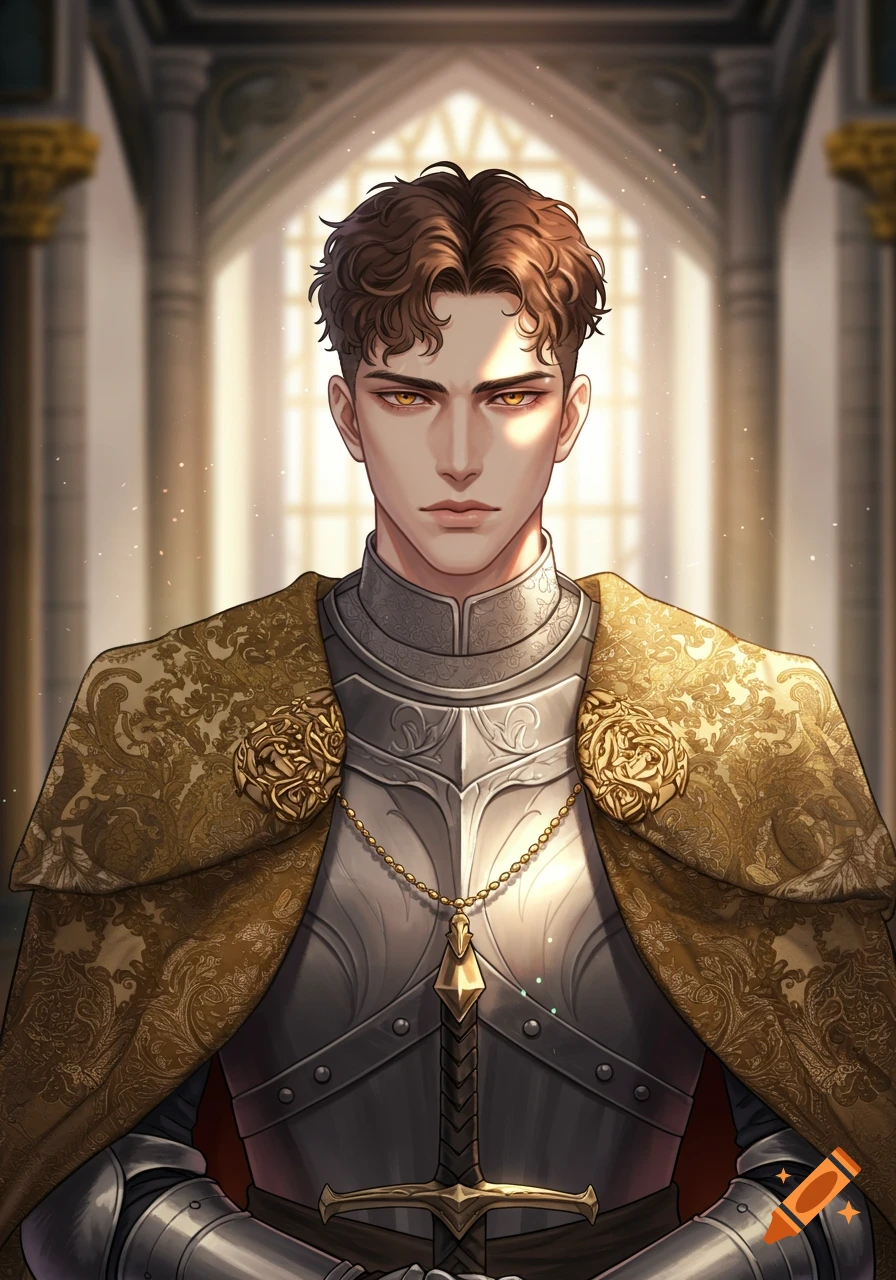 A handsome male knight with amber eyes and curly brown hair, wearing ornate silver armor and a gold cloak, stands stoically in a palace hall. Korean illustration style.