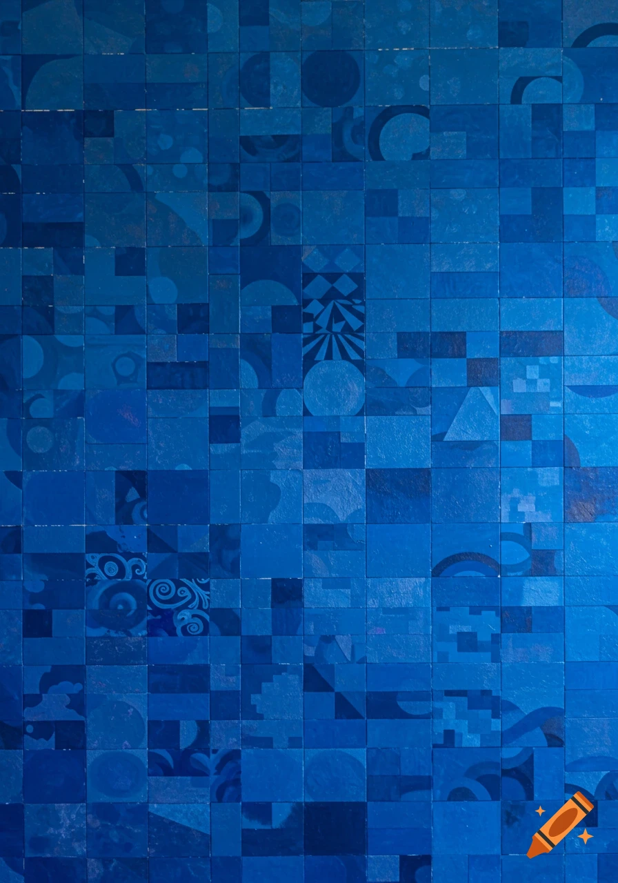 A large mural composed of numerous blue squares, each featuring unique geometric and swirling patterns.