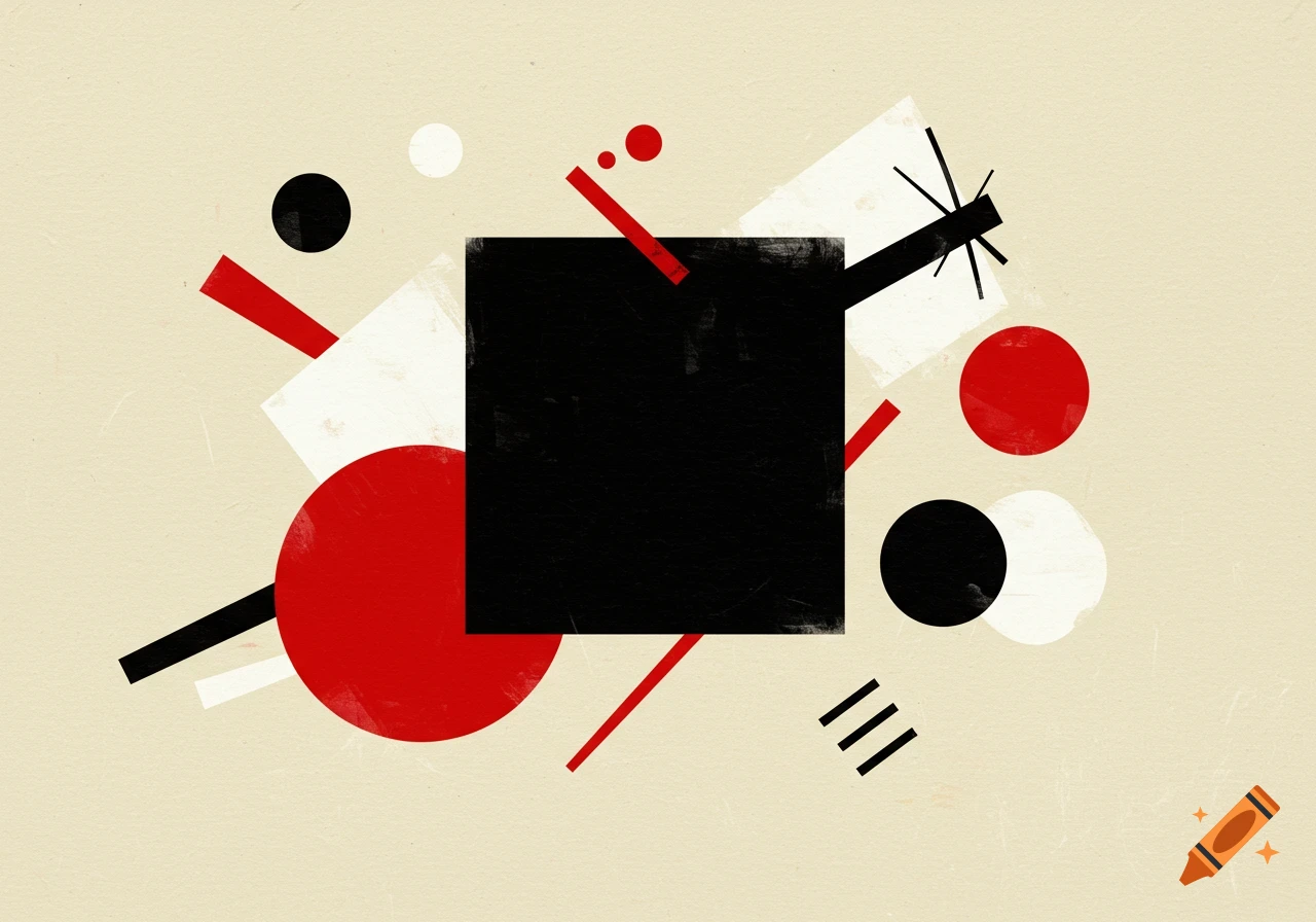 Abstract Suprematist painting with a large black square, red and black circles, and white and red rectangles on a textured beige background.