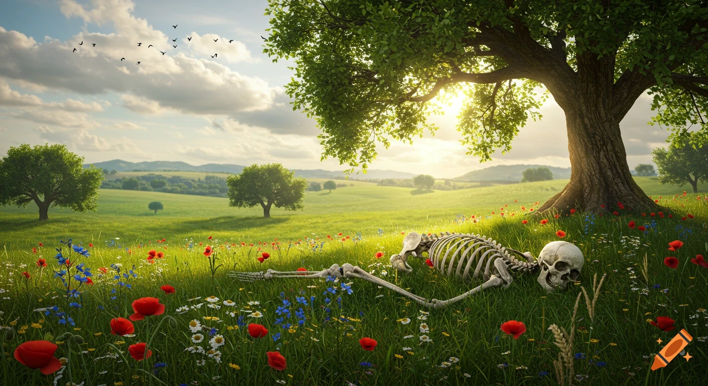 A skeleton lies peacefully in a lush meadow filled with red poppies and wildflowers under a large tree with dappled sunlight.