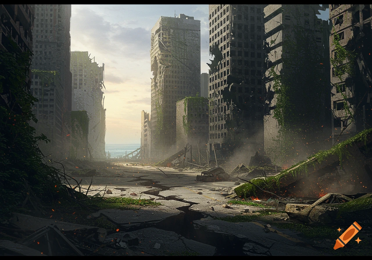 A desolate, overgrown post-apocalyptic cityscape with crumbling skyscrapers, a cracked road, and debris under a bright sky.