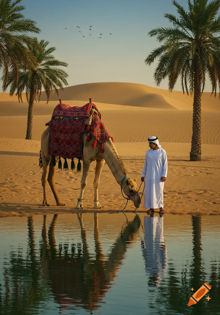 Photorealistic image of an Arab man leading a camel drinking from an oasis pool in the desert, with palm trees and dunes.