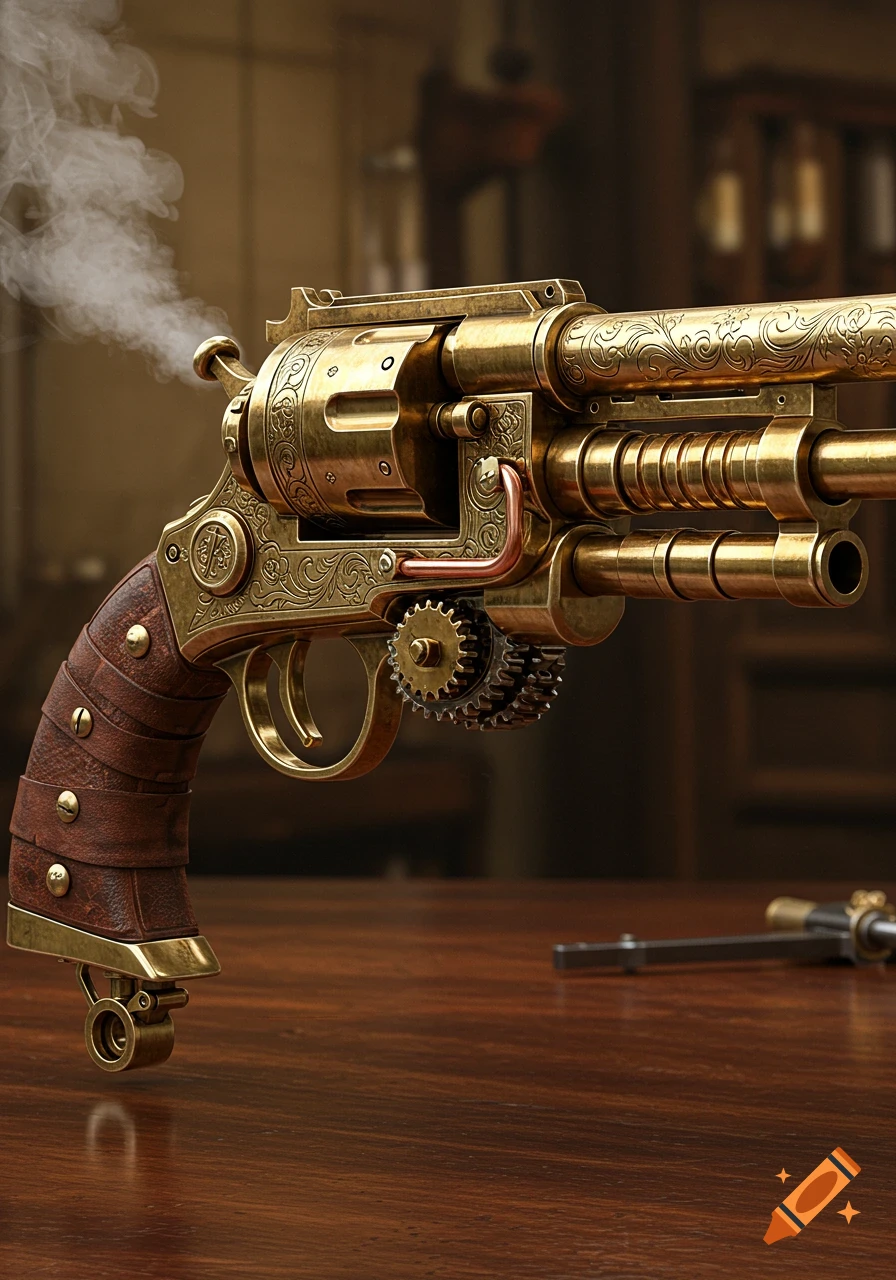 A detailed steampunk revolver with ornate golden engravings, a leather-wrapped grip, and visible gears, emitting smoke on a wooden table.