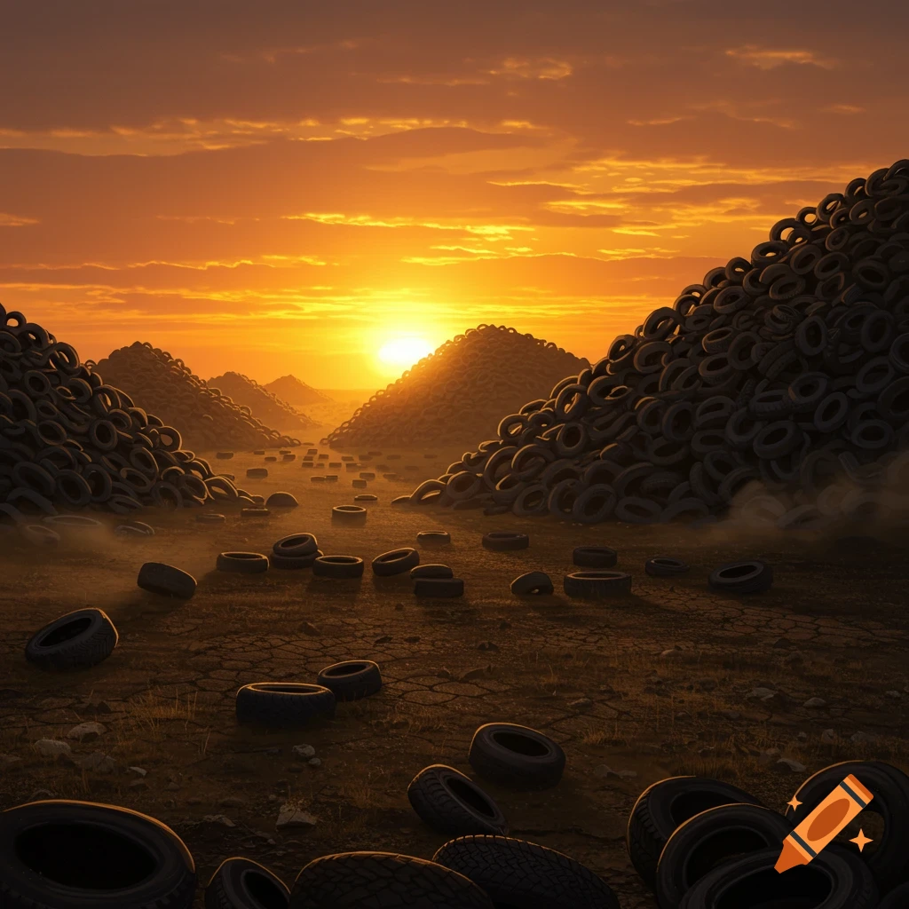 A vast, dry landscape at sunset, filled with thousands of discarded car tires piled into mountains with more scattered across the ground, under an orange sky.