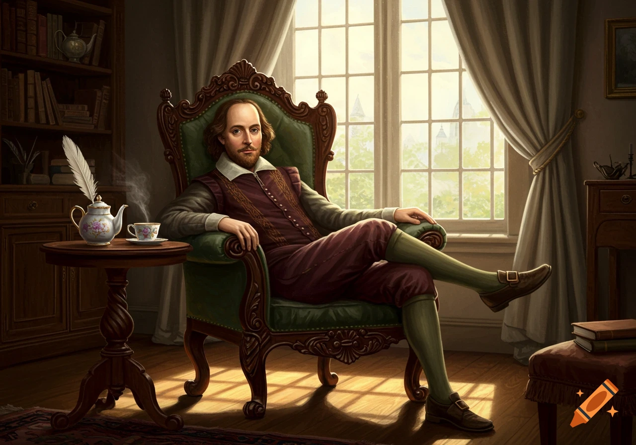 William Shakespeare relaxes in a green armchair by a large window, a steaming teapot and quill on a table beside him, in a classical painting style.
