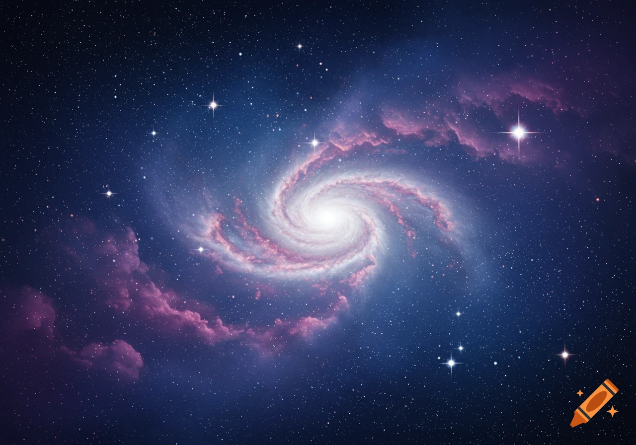A vibrant spiral galaxy with a bright white core and pink arms, surrounded by shining stars and nebulae in deep space.