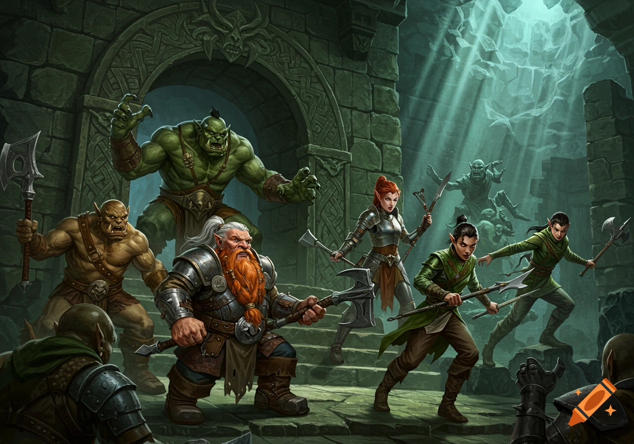 Detailed fantasy art of a dwarf and warriors attacking a group of orcs in a dark, crumbling stone dungeon with shafts of light.